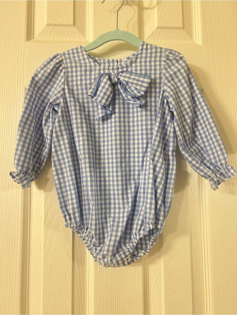 The Beaufort Bonnet Company Light Blue Gingham Bow Bodysuit